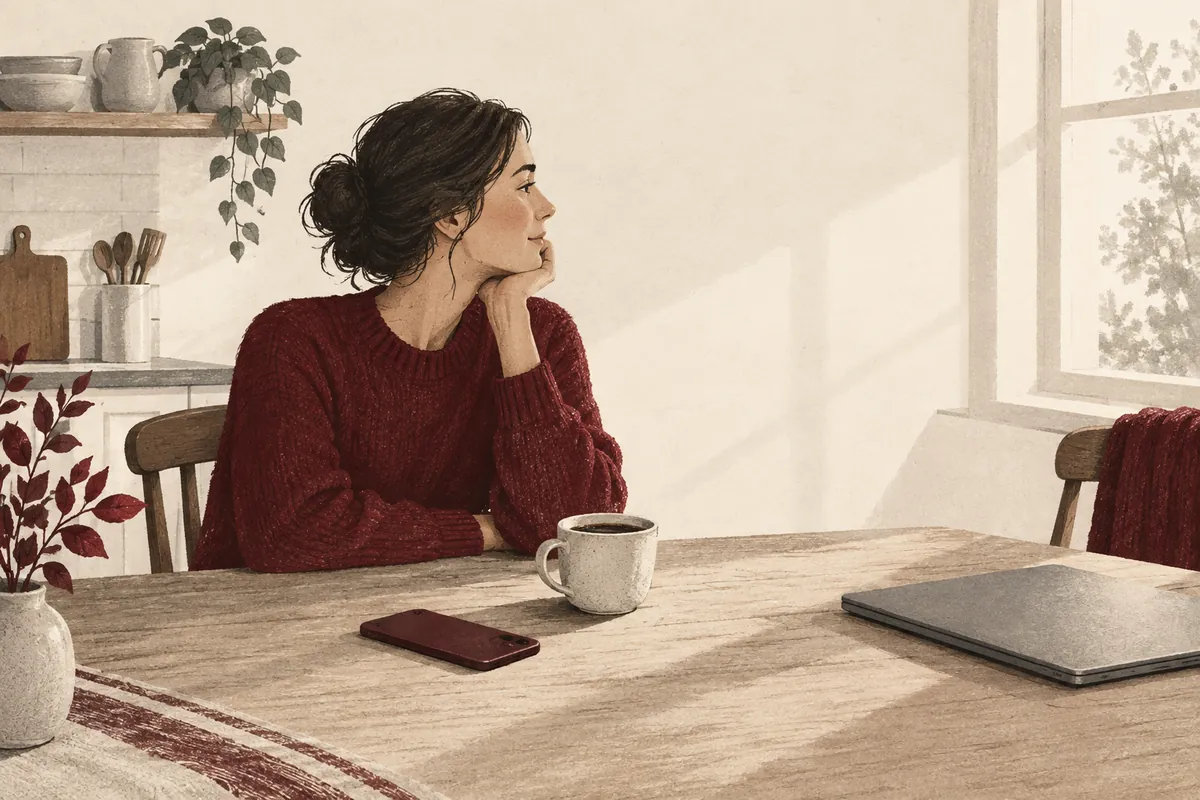 En person vid ett köksbord med telefonen nedlagd och datorn stängd.